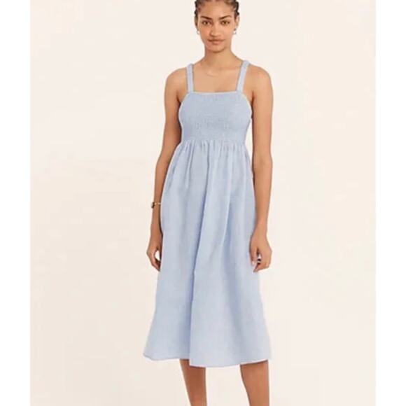 J. Crew Smocked Beach Retro Linen Cotton Blend Midi Dress Beach Coastal M New
